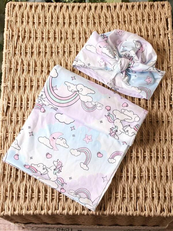 Unicorn Print Swaddle with Accessory Hat