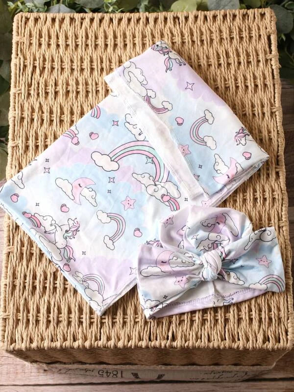 Unicorn Print Swaddle with Accessory Hat