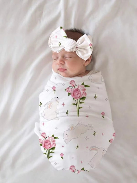 Rabbit Print Swaddle with Accessory Hat
