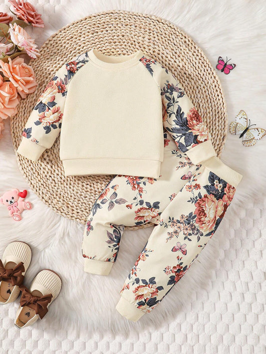 Floral Print Sleeve Sweatshirt & Sweatpants (Pre Order)