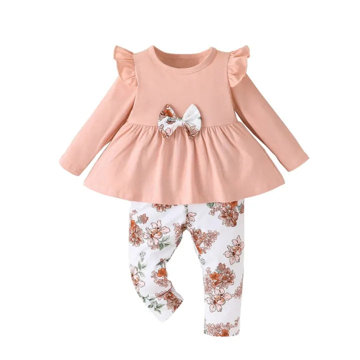 Baby Ruffle Trim Bow Peplum Top & Floral Print Pants