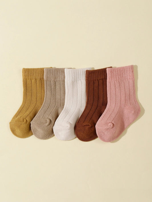 5pairs Double Needle Solid Mid-Calf Socks