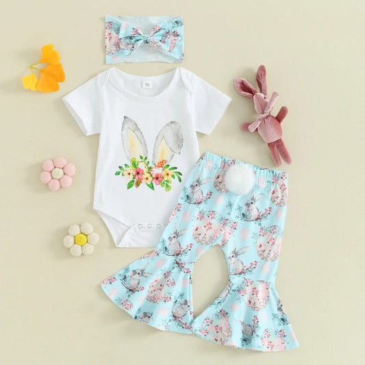 Bunny Romper with Floral Bunny Bellbottoms and Headband