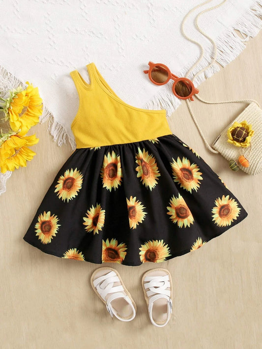 One Shoulder Sunflower Print Dress