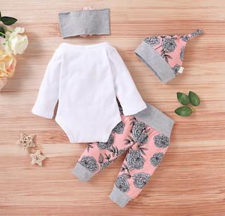 4 Piece Baby Girl Floral Long-sleeve Bodysuit & Pants with Hat & Headband Set