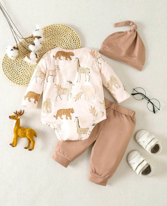 Safari Long Sleeve Romper with Monochrome Pants and Pumpkin Hat Gender Neutral