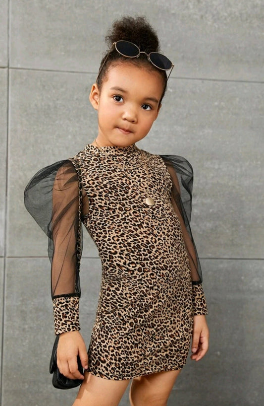 Little Leopard Dress with Puffy Mesh Sleeves