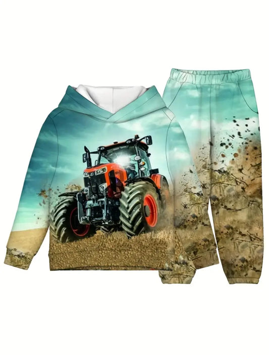 2pcs Boy's 3D Tractor Hoodie and Pants
