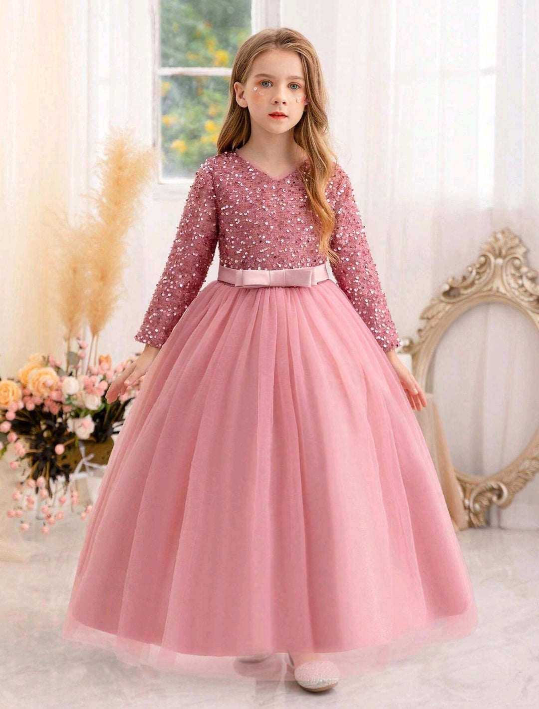 Princess Dress With Long Sleeve, Sequin Decor & Mesh