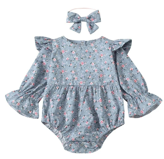 Petite Floral Blue Balloon Romper and Headband