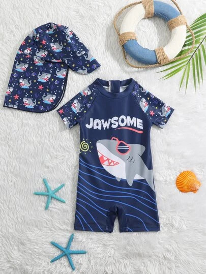 Baby Shark Print One Piece Swimsuit With Swim Cap