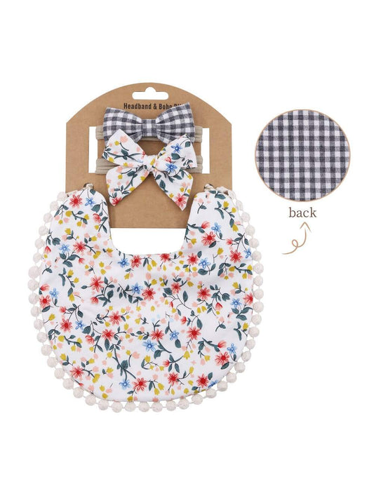 Baby Flower & Plaid Print Fabric Bib & Bow-knot Decor Hair Band