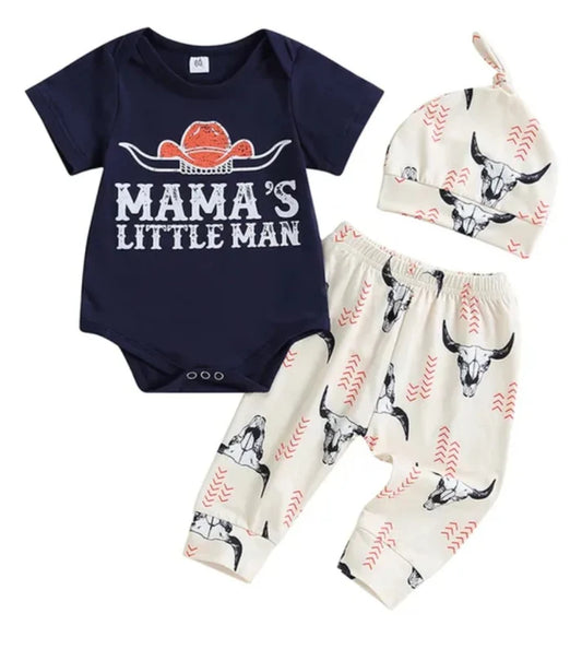 Mama's Little Man Romper,  Pants and Pumpkin Hat