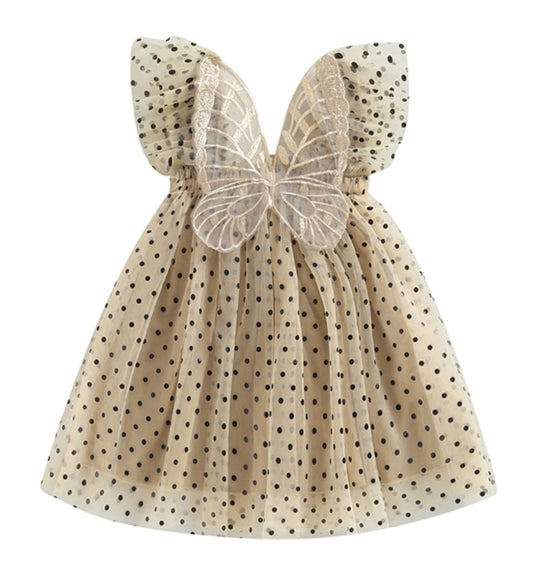 Champagne Polka Lace Butterfly Tulle Dress