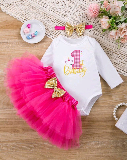 First Birthday Outfit will  Long Sleeve, Cerise Pink Tutu and Headband