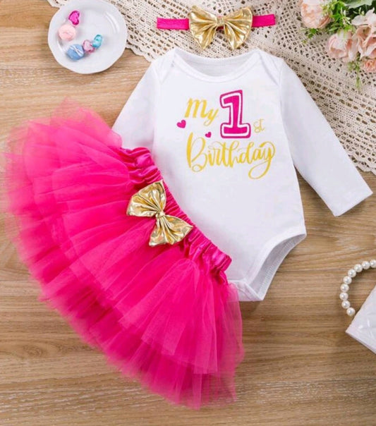 First Birthday Outfit will Long Sleeve, Cerise Pink Tutu and Headband