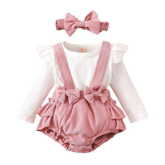 Ribbed White Romper with Dusty Pink Suspended Bloomer (Overall) and Headband