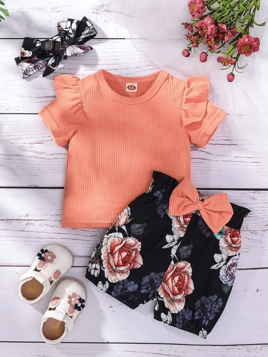 Baby Ruffle Trim Tee & Floral Print Paperbag Waist Bow Shorts